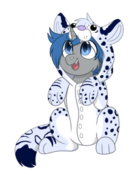 Size: 1740x2164 | Tagged: safe, artist:rokosmith26, imported from derpibooru, oc, oc only, oc:far tail, pony, unicorn, animal onesie, blue eyes, cheek fluff, clothes, commission, costume, eye clipping through hair, happy, horn, kigurumi, looking up, male, onesie, open mouth, simple background, sitting, smiling, solo, stallion, teeth, transparent background, unicorn oc, ych result, your character here