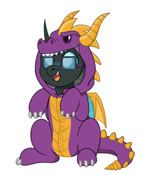 Size: 1820x2208 | Tagged: safe, artist:rokosmith26, imported from derpibooru, oc, oc only, oc:tarsi, changeling, animal onesie, changeling oc, clothes, commission, costume, glasses, happy, horn, kigurumi, looking up, male, onesie, open mouth, simple background, sitting, smiling, solo, spyro the dragon, spyro the dragon (series), stallion, teeth, transparent background, ych result, your character here