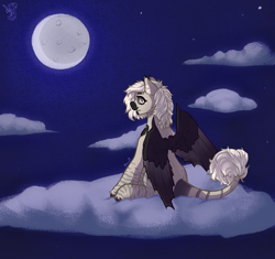 Size: 2048x1922 | Tagged: safe, artist:florat_reaper, imported from derpibooru, oc, oc:devilvoice, bat pony, pony, cloud, female, leonine tail, looking at you, mare, moon, on a cloud, piercing, sitting, sitting on a cloud, solo, tail