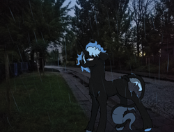 Size: 4096x3112 | Tagged: safe, artist:hrabiadeblacksky, imported from derpibooru, oc, oc only, oc:hrabia de black sky, bat pony, hybrid, kirin, pony, unicorn, absurd file size, blue eyes, grey fur, rain, real life background, solo