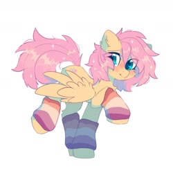 Size: 1800x1800 | Tagged: safe, artist:mirtash, imported from derpibooru, fluttershy, pegasus, pony, clothes, ear fluff, eye clipping through hair, eyebrows, eyebrows visible through hair, leg warmers, lesbian pride flag, looking at you, partially open wings, pride, pride flag, raised leg, simple background, solo, white background, wings