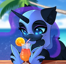 Size: 2342x2272 | Tagged: safe, artist:airiniblock, imported from derpibooru, nightmare moon, alicorn, pony, alcohol, chest fluff, cocktail, commission, cute, drink, drinking straw, ear fluff, ethereal mane, eye clipping through hair, eyebrows, female, food, high res, horn, icon, mare, moonabetes, nicemare moon, ocean, orange, palm tree, signature, smiling, solo, starry mane, tree, water, wings, ych result