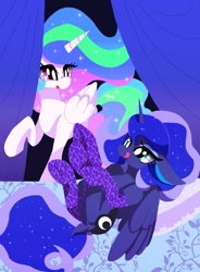 Size: 1175x1600 | Tagged: safe, artist:stacy_165cut, imported from derpibooru, princess celestia, princess luna, alicorn, pony, bed, clothes, dock, duo, duo female, female, folded wings, horn, kneesocks, looking at someone, lying down, mare, missing accessory, on back, pillow, raised hoof, socks, tail, tongue out, wings