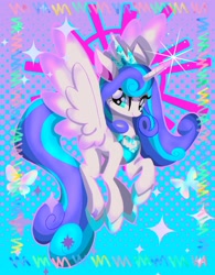 Size: 1230x1576 | Tagged: safe, artist:stacy_165cut, imported from derpibooru, princess flurry heart, alicorn, butterfly, pony, blue background, female, horn, jewelry, looking at you, mare, older, older flurry heart, purple background, regalia, simple background, solo, spread wings, wings
