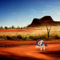 Size: 1024x1024 | Tagged: safe, artist:hazy skies, imported from derpibooru, oc, oc:nasapone, pony, ai content, ai generated, annoyed, australia, australia post, generator:midjourney, krita, lost, messy mane, nasa, note, outback, ponified, realistic background, solo