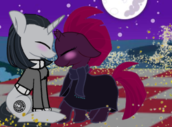 Size: 1030x763 | Tagged: safe, artist:decokenite, imported from derpibooru, chancellor neighsay, fizzlepop berrytwist, tempest shadow, firefly (insect), insect, pony, unicorn, blushing, clothes, ears back, female, floppy ears, male, mare, moon, night, nightime, picnic, picnic blanket, poncho, scarf, shipping, socks, stallion, straight, sweater, tempest neighsay, thigh highs