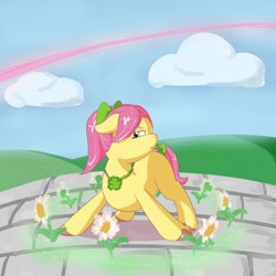 Size: 2250x2250 | Tagged: safe, artist:felldeal, imported from derpibooru, earth pony, pony, spoiler:my little pony: make your mark, bow, cloud, daisy (flower), earth pony magic, eyebrows, female, floppy ears, flower, frown, g5, hair bow, high res, jewelry, magic, mare, my little pony: make your mark, necklace, ponytail, posey bloom, solo, tail, tail bow