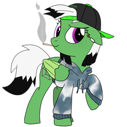 Size: 1024x1024 | Tagged: safe, artist:vilkathewolf, imported from derpibooru, oc, oc:viridescent wings, pegasus, backwards ballcap, baseball cap, cap, cigarette, cigarette smoke, clothes, ear piercing, freckles, hat, hoodie, monster energy, piercing, simple background, smoking, solo, transparent background