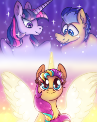 Size: 960x1200 | Tagged: safe, artist:northernlightsone, imported from derpibooru, flash sentry, sunny starscout, twilight sparkle, alicorn, earth pony, pegasus, pony, ancestors, female, flashlight, g5, headcanon, heart, heart eyes, looking at you, male, mare, my little pony: a new generation, race swap, shipping, smiling, smiling at you, spirit, spread wings, stallion, straight, sunnycorn, twilight sparkle (alicorn), wingding eyes, wings