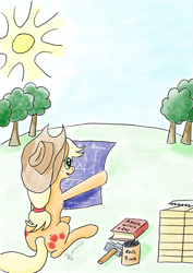 Size: 849x1200 | Tagged: safe, artist:darkdabula, imported from derpibooru, applejack, pony, atg 2022, blueprint, hammer, newbie artist training grounds, solo, tree