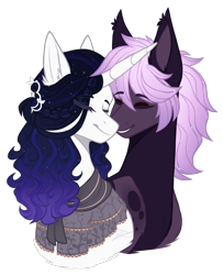 Size: 1700x2097 | Tagged: safe, artist:purplegrim40, imported from derpibooru, oc, oc only, earth pony, pony, unicorn, bust, clothes, duo, earth pony oc, eyes closed, horn, simple background, smiling, transparent background, unicorn oc