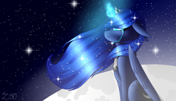 Size: 1383x795 | Tagged: safe, artist:kat-the-true-kitkat, imported from derpibooru, princess luna, alicorn, pony, crying, ethereal mane, female, frown, glowing, glowing horn, horn, mare, moon, outdoors, solo, starry mane, stars