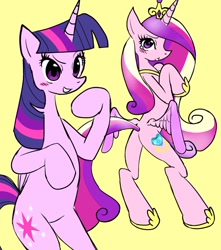 Size: 808x915 | Tagged: safe, artist:ponysprinkles, imported from derpibooru, princess cadance, twilight sparkle, alicorn, pony, bipedal, butt, duo, duo female, female, horn, jewelry, mare, plot, regalia, simple background, sisters-in-law, twilight sparkle (alicorn), wings, yellow background