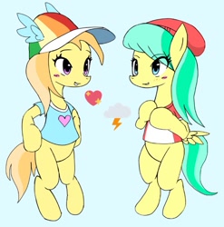 Size: 1011x1023 | Tagged: safe, artist:ponysprinkles, imported from derpibooru, barley barrel, noi, earth pony, pegasus, pony, beanie, bipedal, blue background, cap, clothes, duo, duo female, eye clipping through hair, female, filly, foal, hat, heart, simple background, wings