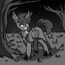 Size: 2048x2048 | Tagged: safe, artist:mc_arts, imported from derpibooru, oc, oc:thanatical tongue, pony, unicorn, art fight, bag, cigarette, cloak, clothes, monochrome, night, saddle bag, solo, tree, walking