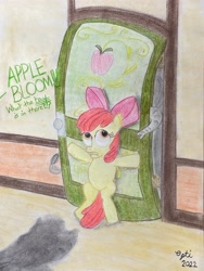 Size: 3024x4032 | Tagged: safe, artist:opti, artist:pianoflagerag, imported from derpibooru, apple bloom, applejack, earth pony, elephant, pony, atg 2022, bipedal, door, female, filly, foal, hiding, mare, newbie artist training grounds, offscreen character, shadow, siblings, sisters, text, traditional art