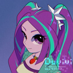 Size: 2000x2000 | Tagged: safe, artist:duvivi, imported from derpibooru, aria blaze, human, equestria girls, blue background, bust, clothes, eye clipping through hair, eyebrows, eyebrows visible through hair, female, gem, high res, jewelry, looking at you, looking up, looking up at you, necklace, signature, simple background, siren gem, smiling, smiling at you, solo