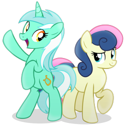 Size: 2000x2000 | Tagged: safe, artist:candy meow, imported from derpibooru, bon bon, lyra heartstrings, sweetie drops, earth pony, pony, unicorn, atg 2022, bipedal, duo, female, high res, looking at each other, looking at someone, mare, newbie artist training grounds, raised hoof, standing, standing on two hooves