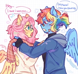 Size: 1376x1298 | Tagged: safe, artist:aj2020ahgd, imported from derpibooru, fluttershy, rainbow dash, anthro, bandaid, clothes, duo, female, flutterdash, glasses, jacket, lesbian, looking at each other, looking at someone, open mouth, scarf, shipping, simple background, speech bubble, white background, wings