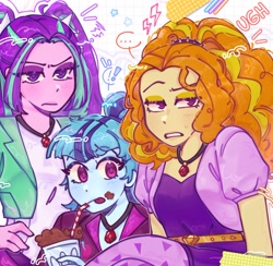 Size: 1476x1441 | Tagged: safe, artist:aj2020ahgd, imported from derpibooru, adagio dazzle, aria blaze, sonata dusk, human, equestria girls, ..., clothes, drink, drinking straw, emanata, exclamation point, female, gem, hand on hip, jewelry, looking at you, milkshake, necklace, simple background, siren gem, tongue out, trio, trio female, white background