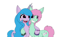 Size: 2481x1515 | Tagged: safe, artist:lucktail, imported from derpibooru, izzy moonbow, minty, earth pony, pony, unicorn, bracelet, duo, duo female, female, friendship bracelet, g3, g3 to g4, g4, g5, g5 to g4, generation leap, jewelry, mare, simple background, transparent background