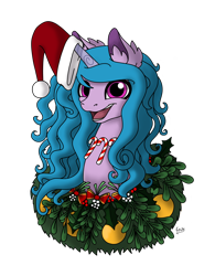 Size: 1554x1989 | Tagged: safe, artist:lucktail, imported from derpibooru, izzy moonbow, pony, unicorn, candy, candy cane, christmas, female, food, g5, hat, holiday, mare, santa hat, simple background, solo, transparent background