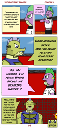 Size: 592x1280 | Tagged: safe, artist:spike-love, imported from derpibooru, spike, dragon, comic:the legendary dragon story, adult, angry, answer, ask, blue sky, character:wang-liu-khai, character:yang-fu, comic, comic page, excited, greeting, kung fu, male, school, temple, training, yin-yang, young