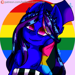 Size: 1000x1000 | Tagged: safe, artist:trr_bc, imported from derpibooru, oc, oc only, oc:alethila, pony, unicorn, hat, pansexual pride flag, pride, pride flag, red eyes, simple background, solo, straight pride flag, top hat