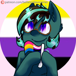 Size: 1000x1000 | Tagged: safe, artist:trr_bc, imported from derpibooru, oc, oc only, oc:ray, earth pony, pony, flag, genderfluid pride flag, glasses, nonbinary pride flag, pansexual pride flag, pride, pride flag, purple eyes, simple background, solo