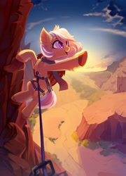 Size: 2390x3325 | Tagged: safe, artist:taneysha, imported from derpibooru, oc, oc only, bat pony, pony, chest fluff, climbing, clothes, cute, ear fluff, fangs, leg fluff, mountain, rock climbing, rope, scarf, underhoof, unshorn fetlocks