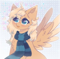 Size: 2040x2000 | Tagged: safe, artist:saltyvity, imported from derpibooru, oc, oc only, oc:mirta whoowlms, pegasus, pony, big eyes, blue background, blue eyes, chest fluff, clothes, cute, ear fluff, embarrassed, fluffy, gift art, heart, licking, licking lips, scarf, simple background, solo, sparkly eyes, striped scarf, tongue out, wingding eyes