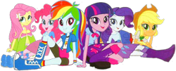 Size: 1280x517 | Tagged: safe, artist:rupahrusyaidi, edit, edited screencap, imported from derpibooru, screencap, applejack, fluttershy, pinkie pie, rainbow dash, rarity, twilight sparkle, human, equestria girls, background removed, belt, boots, clothes, cowboy boots, cowboy hat, hat, high heel boots, humane five, humane six, jacket, not a vector, shirt, shoes, simple background, skirt, socks, solo, transparent background, twilight sparkle (alicorn)