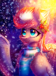 Size: 1088x1454 | Tagged: safe, artist:limreiart, imported from derpibooru, oc, oc only, oc:lighty dust, pegasus, pony, bust, clothes, ear fluff, female, mare, night, pegasus oc, portrait, raised hoof, scarf, smiling, snow, snowfall, solo, striped scarf