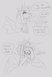 Size: 2014x2962 | Tagged: safe, artist:scarfyace, imported from derpibooru, princess celestia, alicorn, alternate design, alternate hairstyle, apology, comic, crown, crying, hoof on face, jewelry, necklace, raised hoof, redesign, regalia, sketch, speech bubble, text