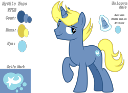 Size: 3856x2820 | Tagged: safe, artist:kimmyartmlp, imported from derpibooru, oc, oc only, oc:mythic blue hope, pony, unicorn, audio drama, bedroom eyes, cute, cutie mark, full body, glowing, glowing horn, high res, hooves, horn, life's a breeze, male, next generation, raised hoof, reference sheet, show accurate, simple background, smiling, solo, stallion, standing, stud, transparent background, unicorn oc, yellow mane