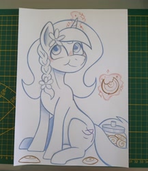 Size: 3024x3488 | Tagged: safe, artist:balychen, imported from derpibooru, oc, oc only, oc:cinnamon string, pony, unicorn, blushing, braid, cookie, cookie jar, female, flower, flower in hair, food, horn, magic, mare, ponysona, sketch, smiling, solo, traditional art, unicorn oc