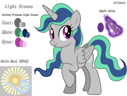 Size: 3415x2599 | Tagged: safe, artist:kimmyartmlp, imported from derpibooru, oc, oc only, oc:light breeze, alicorn, pony, alicorn oc, audio drama, base used, cute, cutie mark, daughter:king sombra, female, folded wings, full body, glowing, glowing horn, happy, high res, hooves, horn, life's a breeze, looking at someone, magic, mare, next generation, ocbetes, princess, purple eyes, raised hoof, reference sheet, show accurate, simple background, smiling, solo, standing, tail, text, transparent background, two toned mane, two toned tail, wings