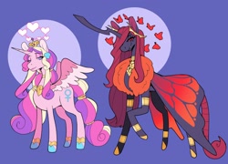 Size: 2624x1891 | Tagged: safe, artist:scarfyace, imported from derpibooru, princess cadance, queen chrysalis, alicorn, butterfly, changeling, alternate cutie mark, alternate design, alternate hairstyle, boa, butterfly wings, crown, egyptian, fangs, frown, halo, heart, heart eyes, hoof shoes, horn, jewelry, lipstick, long hair, long horn, long mane, monarch butterfly, necklace, orange changeling, raised hoof, redesign, regalia, scarab beetle, scorpion tail, seashell, smiling, tail, wingding eyes, wings