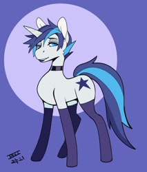 Size: 1096x1287 | Tagged: safe, artist:scarfyace, imported from derpibooru, shining armor, unicorn, alternate cutie mark, alternate design, alternate hairstyle, choker, clothes, feminine stallion, lipstick, redesign, smiling, stockings, thigh highs