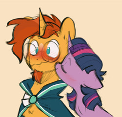 Size: 3170x3039 | Tagged: safe, artist:chub-wub, imported from derpibooru, sunburst, twilight sparkle, alicorn, pony, unicorn, blushing, cheek kiss, cloak, clothes, cute, duo, eyes closed, facial hair, female, glasses, goatee, kissing, male, mare, shipping, stallion, straight, sunburst's cloak, sunburst's glasses, twiburst, twilight sparkle (alicorn)