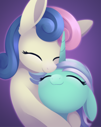 Size: 1778x2247 | Tagged: safe, artist:dusthiel, imported from derpibooru, bon bon, lyra heartstrings, sweetie drops, earth pony, pony, unicorn, adorabon, atg 2022, cute, eyes closed, female, floppy ears, hug, lesbian, lyrabetes, lyrabon, newbie artist training grounds, shipping, smiling