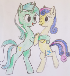 Size: 1814x1968 | Tagged: safe, artist:fakkajohan, imported from derpibooru, bon bon, lyra heartstrings, sweetie drops, earth pony, pony, unicorn, bipedal, duo, female, hug, lesbian, lyrabon, one eye closed, open mouth, open smile, raised hoof, shipping, simple background, smiling, traditional art, white background