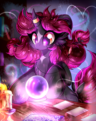 Size: 2000x2513 | Tagged: safe, artist:woonborg, imported from derpibooru, oc, oc only, oc:prism, pony, unicorn, candle, card, chest fluff, coat markings, crooked horn, crystal ball, facial markings, female, fortune teller, horn, horn ring, jewelry, magic, mare, pendant, ring, solo, star (coat marking)