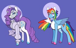 Size: 2823x1795 | Tagged: safe, artist:scarfyace, imported from derpibooru, rainbow dash, rarity, alternate color palette, alternate design, alternate hairstyle, choker, clothes, coat markings, colored wings, ear piercing, earring, frown, hair over one eye, jewelry, lightning, lipstick, markings, multicolored wings, piercing, rainbow wings, smiling, socks (coat markings), wings