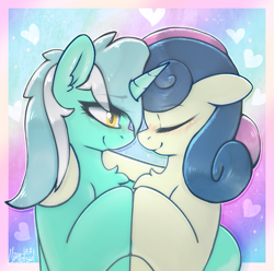 Size: 981x972 | Tagged: safe, artist:llametsul, imported from derpibooru, bon bon, lyra heartstrings, sweetie drops, earth pony, pony, unicorn, adorabon, atg 2022, chest fluff, couple, cute, ear fluff, eyes closed, female, floppy ears, heart, lesbian, love, lyrabetes, lyrabon, newbie artist training grounds, shipping, signature