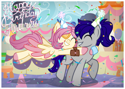 Size: 1131x800 | Tagged: safe, artist:jennieoo, imported from derpibooru, oc, oc:gentle star, oc:maverick, earth pony, pegasus, pony, balloon, birthday, birthday party, colored wings, cute, gift art, glomp, happy, hat, hug, ocbetes, party, party hat, show accurate, smiling, two toned wings, vector, wings