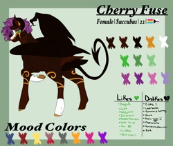 Size: 2048x1740 | Tagged: safe, artist:inisealga, imported from derpibooru, oc, oc only, oc:cherry fuse, hybrid, pony, succubus, succubus pony, bat wings, coat markings, devil tail, facial markings, female, mare, reference, reference sheet, socks (coat markings), solo, tail, wings