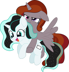 Size: 3956x4145 | Tagged: safe, artist:pencil_draw_indo, edit, editor:fauli1221, imported from derpibooru, oc, oc only, oc:funny jo, oc:light jet, alicorn, pony, .svg available, :d, :t, absurd resolution, alicorn oc, base used, duo, duo female, female, female oc, filly, flying, foal, folded wings, heterochromia, holding a pony, horn, open mouth, open smile, recolor, simple background, smiling, svg, transparent background, unamused, vector, wings, younger