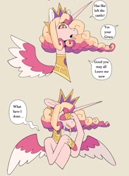 Size: 2014x2757 | Tagged: safe, artist:scarfyace, imported from derpibooru, princess celestia, alicorn, alternate design, alternate hairstyle, apology, colored, comic, crown, crying, hoof on face, jewelry, necklace, raised hoof, redesign, regalia, speech bubble, text