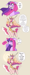 Size: 2012x4944 | Tagged: safe, artist:scarfyace, imported from derpibooru, princess celestia, twilight sparkle, alicorn, unicorn, alternate design, alternate hairstyle, choker, colored, comic, crown, crying, ears back, fangs, glasses, glowing, glowing eyes, goth, halo, hoof shoes, hooves, hooves together, jewelry, magic, misspelling, redesign, regalia, sharp teeth, speech bubble, teeth, telekinesis, text, tyrant celestia, unicorn twilight, wiping tears